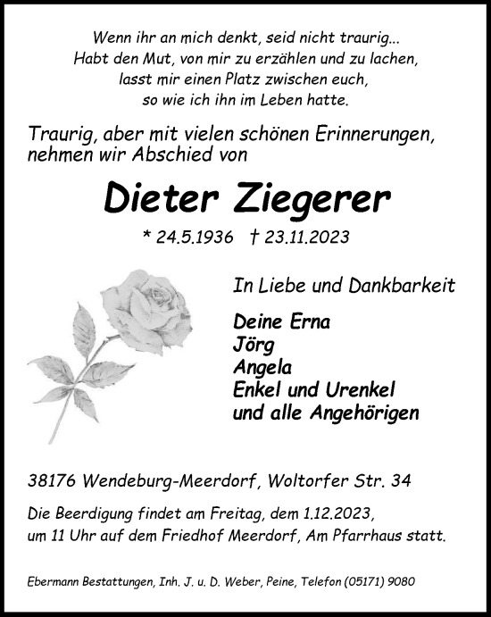 Traueranzeige von Dieter Ziegerer von Peiner Nachrichten