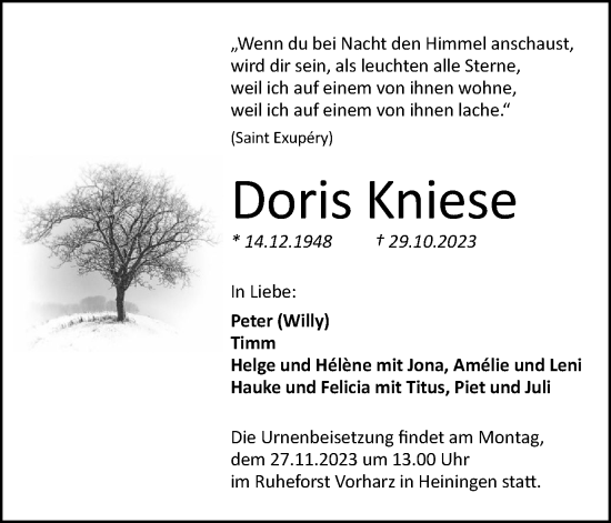 Traueranzeige von Doris Kniese von Braunschweiger Zeitung