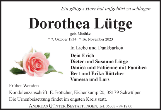 Traueranzeige von Dorothea Lütge von Braunschweiger Zeitung