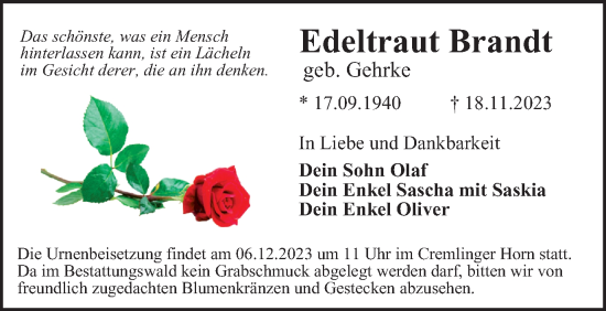 Traueranzeige von Edeltraut Brandt von Braunschweiger Zeitung