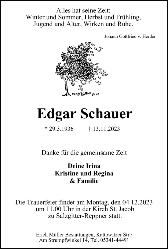 Traueranzeige von Edgar Schauer von Salzgitter-Zeitung