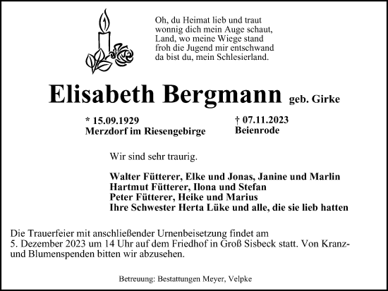 Traueranzeige von Elisabeth Bergmann von Helmstedter Nachrichten