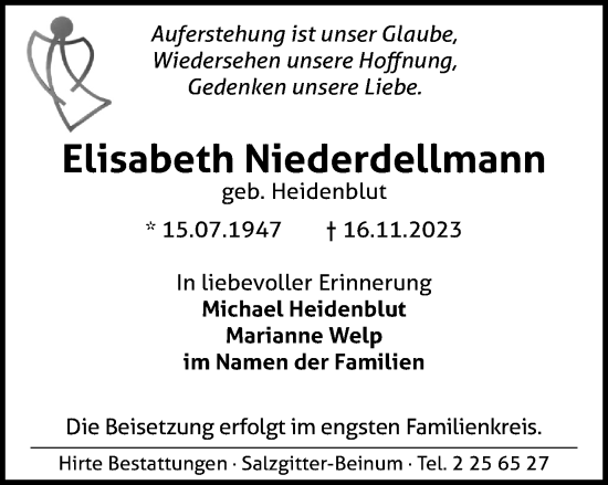 Traueranzeige von Elisabeth Niederdellmann von Salzgitter-Zeitung