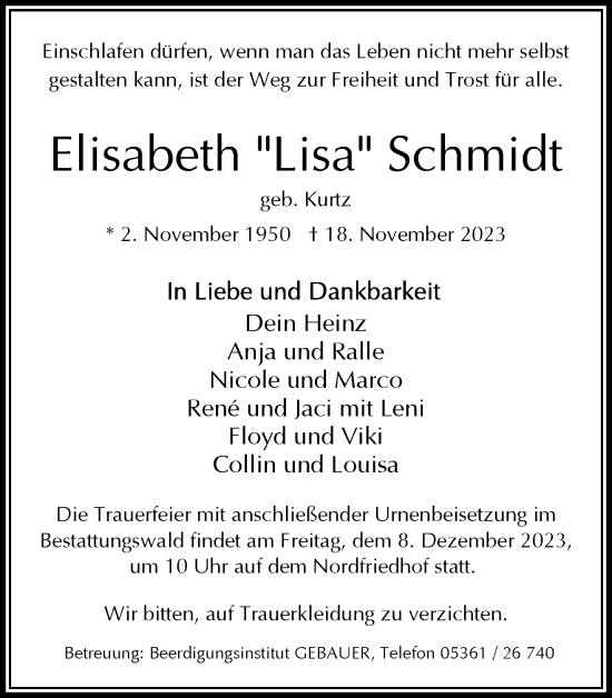 Traueranzeige von Elisabeth Schmidt von Wolfsburger Nachrichten