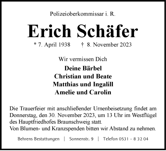 Traueranzeige von Erich Schäfer von Braunschweiger Zeitung