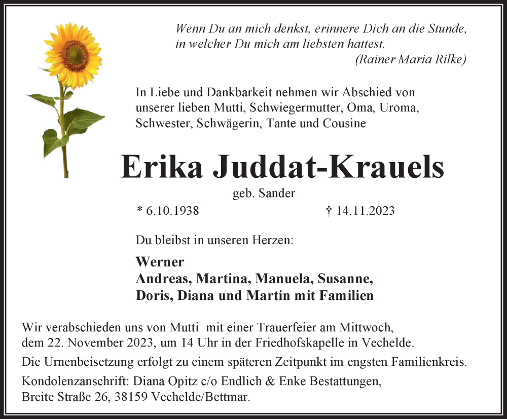  Traueranzeige für Erika Juddat-Krauels vom 18.11.2023 aus Peiner Nachrichten