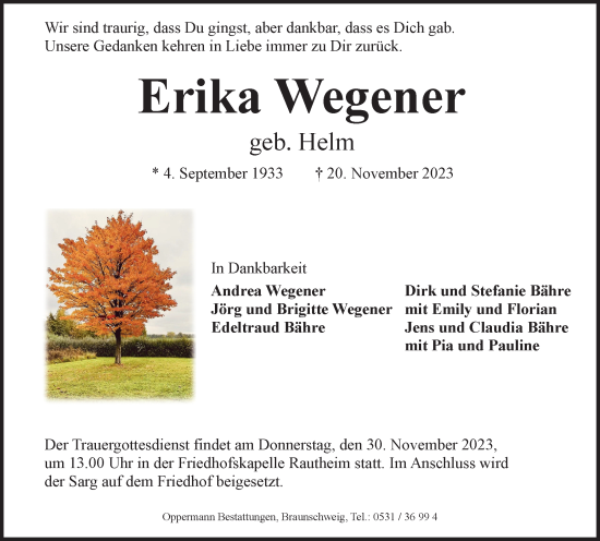 Traueranzeige von Erika Wegener von Braunschweiger Zeitung
