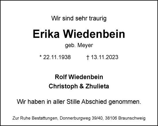 Traueranzeige von Erika Wiedenbein von Braunschweiger Zeitung