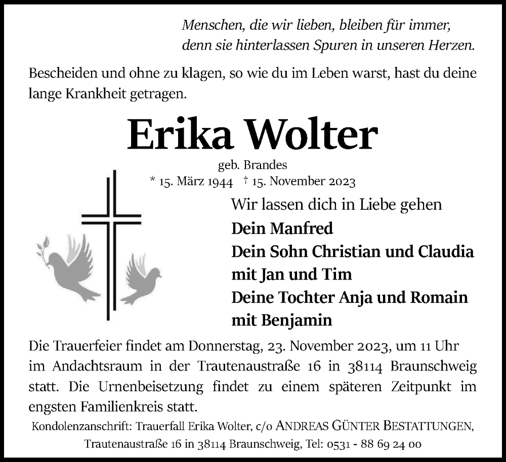  Traueranzeige für Erika Wolter vom 18.11.2023 aus Braunschweiger Zeitung