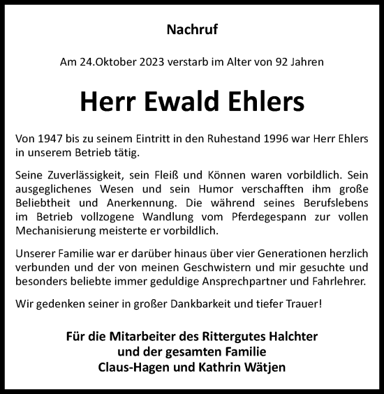 Traueranzeige von Ewald Ehlers von Wolfenbütteler Zeitung