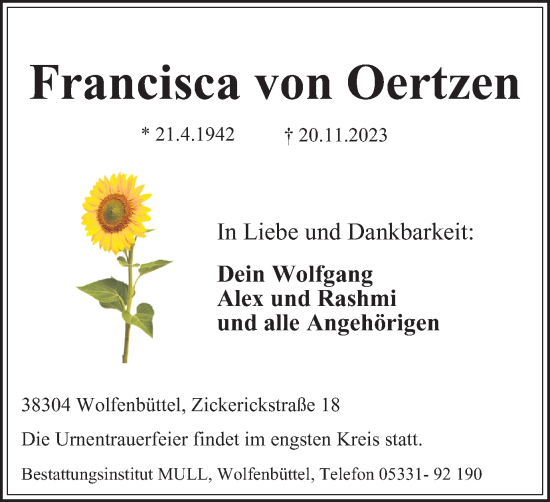 Traueranzeige von Francisca von Oertzen von Braunschweiger Zeitung