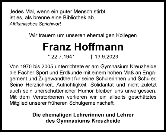 Traueranzeige von Franz Hoffmann von Wolfsburger Nachrichten