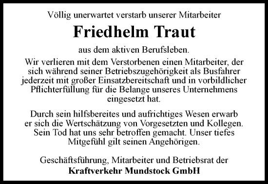 Traueranzeige von Friedhelm Traut von Braunschweiger Zeitung