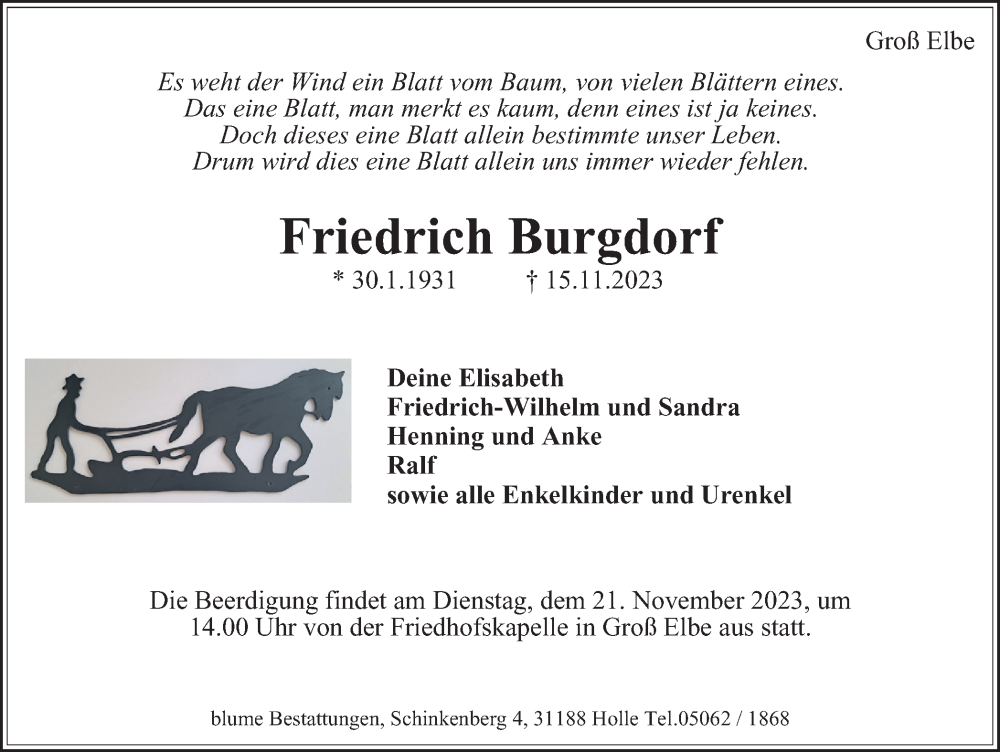 Traueranzeige für Friedrich Burgdorf vom 18.11.2023 aus Salzgitter-Zeitung
