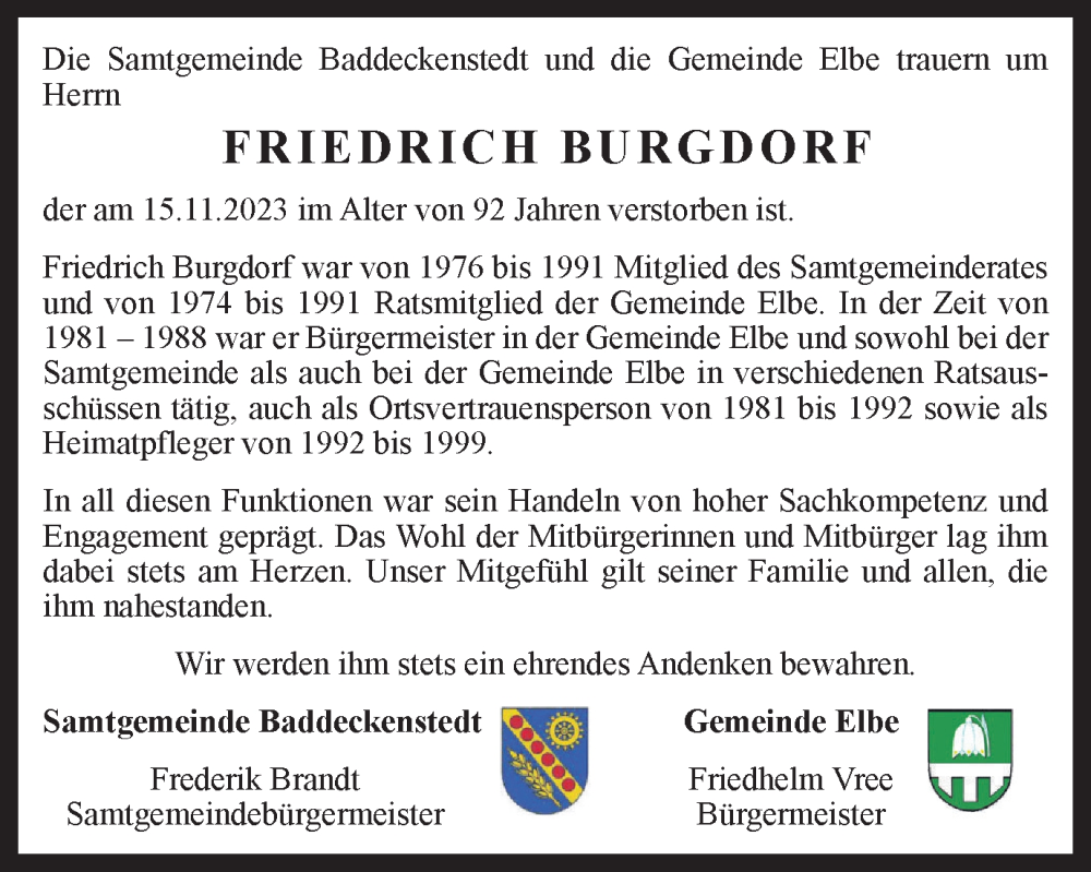  Traueranzeige für Friedrich Burgdorf vom 25.11.2023 aus Salzgitter-Zeitung