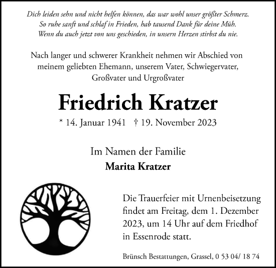 Traueranzeige von Friedrich Kratzer von Helmstedter Nachrichten
