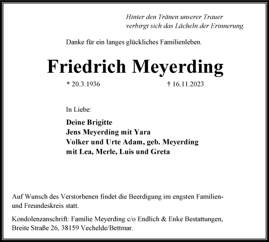 Traueranzeige von Friedrich Meyerding von Braunschweiger Zeitung