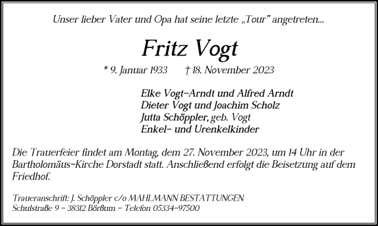 Traueranzeige von Fritz Vogt von Braunschweiger Zeitung