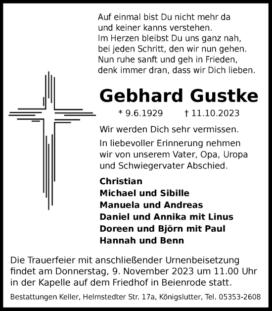 Traueranzeige von Gebhard Gustke von Helmstedter Nachrichten