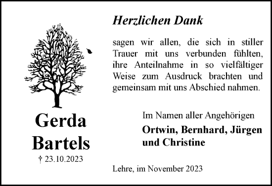 Traueranzeige von Gerda Bartels von Helmstedter Nachrichten