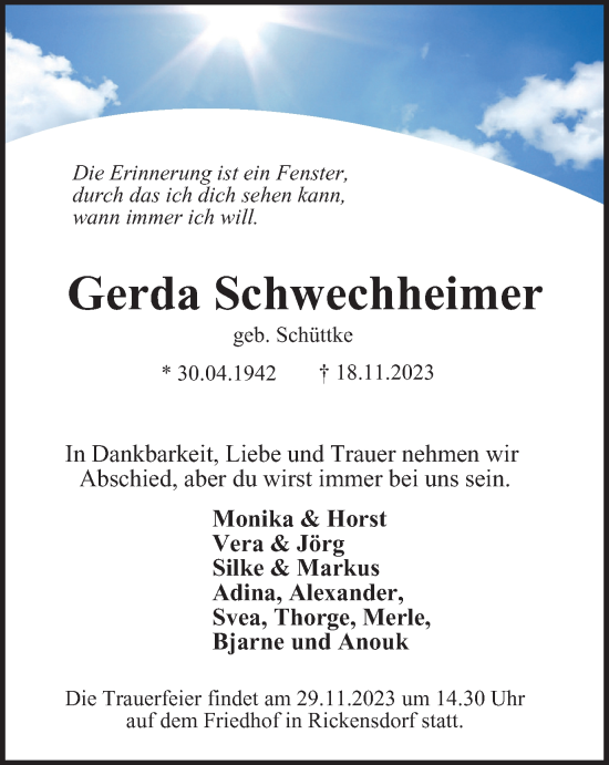 Traueranzeige von Gerda Schwechheimer von Wolfsburger Nachrichten