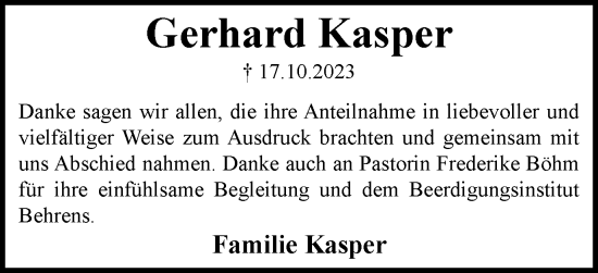 Traueranzeige von Gerhard Kasper von Wolfsburger Nachrichten