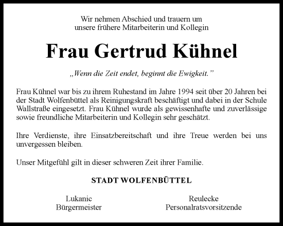 Traueranzeige von Gertrud Kühnel von Wolfenbütteler Zeitung