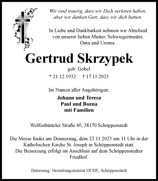 Traueranzeige von Gertrud Skrzypek von Wolfenbütteler Zeitung