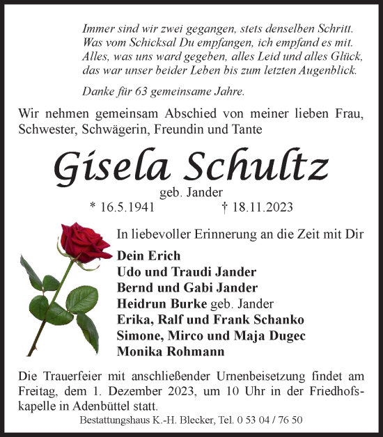 Traueranzeige von Gisela Schultz von Wolfsburger Nachrichten