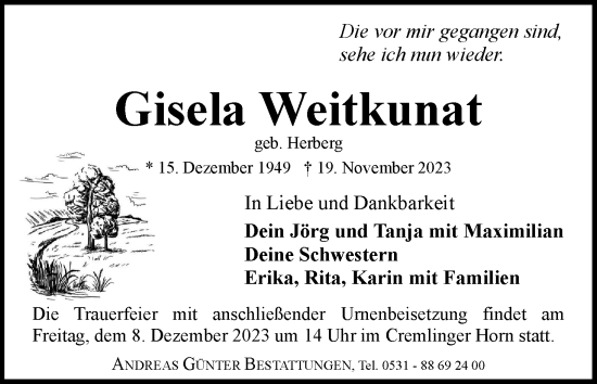 Traueranzeige von Gisela Weitkunat von Neue Braunschweiger am Samstag