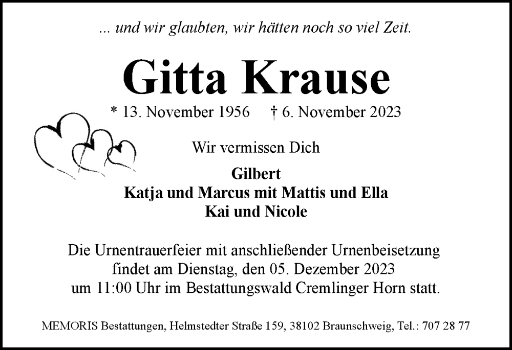  Traueranzeige für Gitta Krause vom 28.11.2023 aus Braunschweiger Zeitung