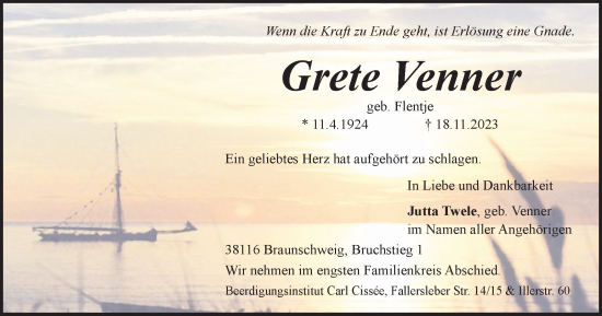 Traueranzeige von Grete Venner von Braunschweiger Zeitung