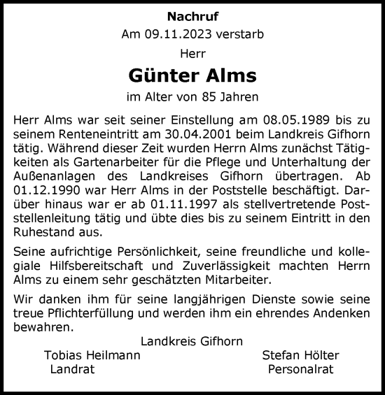 Traueranzeige von Günter Alms von Wolfsburger Nachrichten