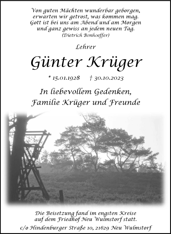 Traueranzeige von Günter Krüger von Wolfsburger Nachrichten