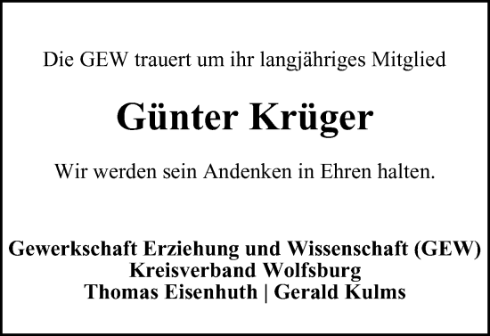Traueranzeige von Günter Krüger von Wolfsburger Nachrichten