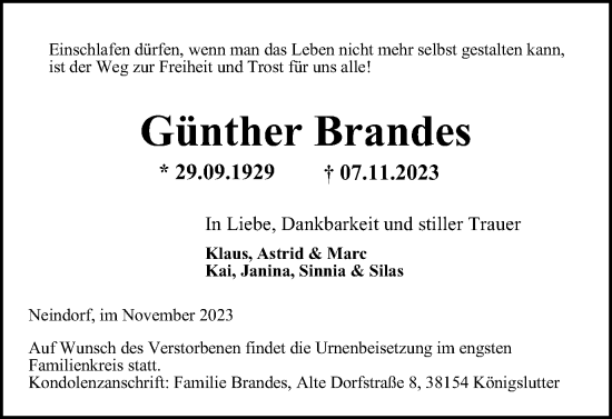 Traueranzeige von Günther Brandes von Wolfsburger Nachrichten