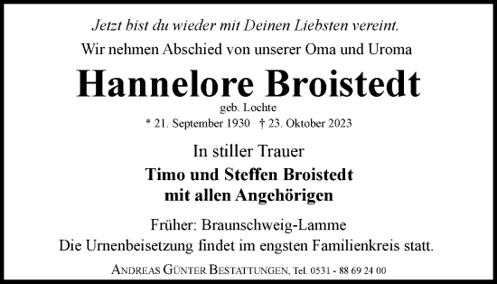 Traueranzeige von Hannelore Broistedt von Braunschweiger Zeitung