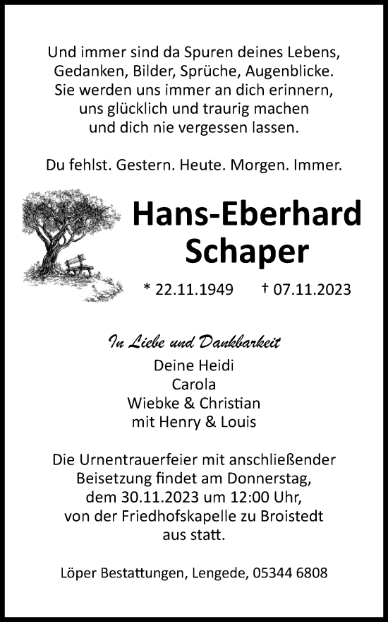 Traueranzeige von Hans-Eberhard Schaper von Braunschweiger Zeitung