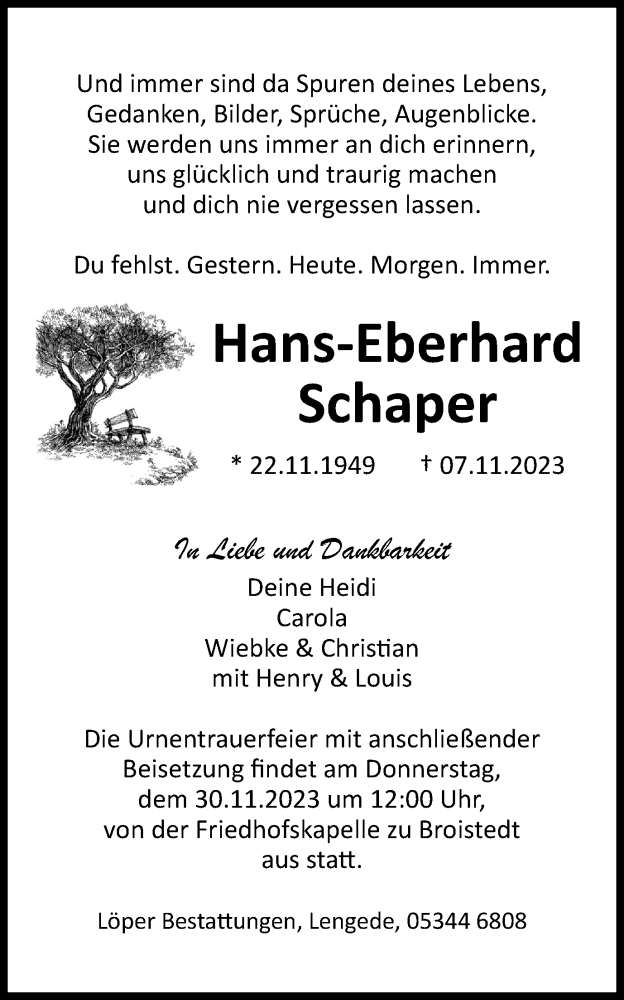  Traueranzeige für Hans-Eberhard Schaper vom 25.11.2023 aus Braunschweiger Zeitung