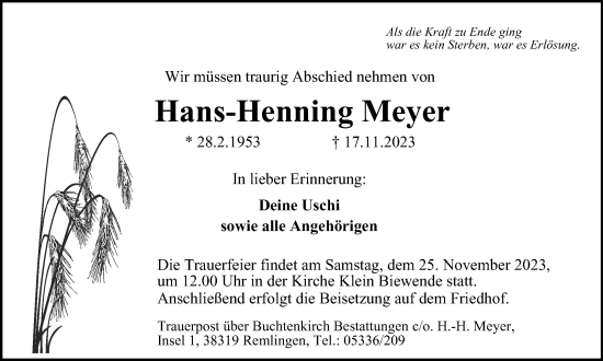 Traueranzeige von Hans-Henning Meyer von Wolfenbütteler Zeitung