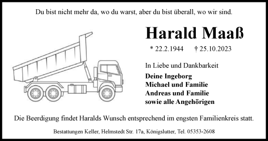 Traueranzeige von Harald Maaß von Helmstedter Nachrichten