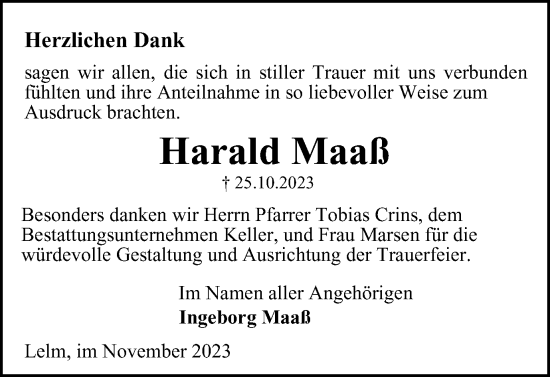 Traueranzeige von Harald Maaß von Helmstedter Nachrichten