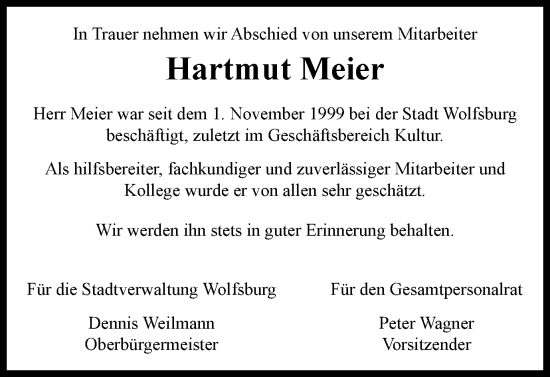 Traueranzeige von Hartmut Meier von Wolfsburger Nachrichten