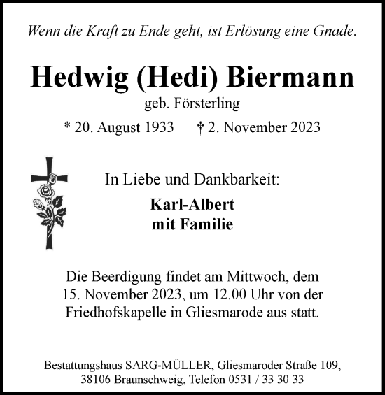 Traueranzeige von Hedwig Biermann von Braunschweiger Zeitung