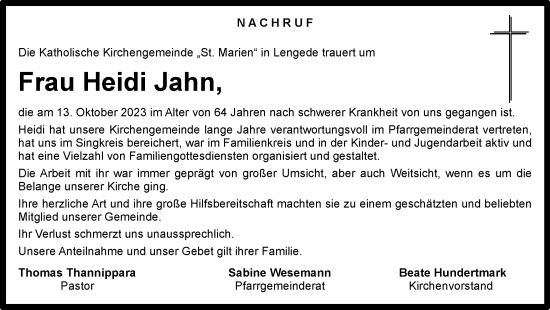 Traueranzeige von Heidi Jahn von Peiner Nachrichten