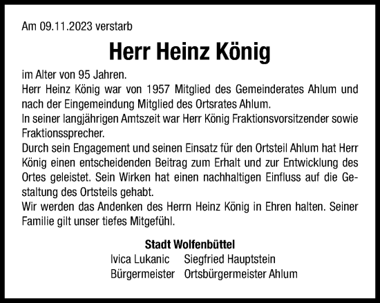 Traueranzeige von Heinz König von Wolfenbütteler Zeitung