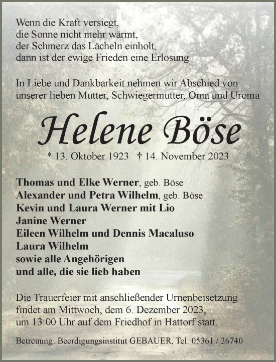 Traueranzeige von Helene Böse von Wolfsburger Nachrichten