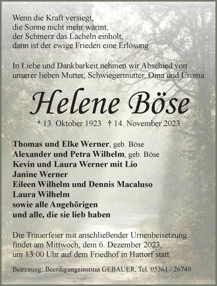  Traueranzeige für Helene Böse vom 25.11.2023 aus Wolfsburger Nachrichten