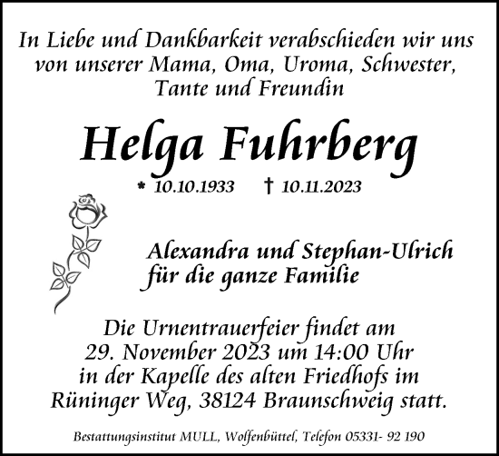 Traueranzeige von Helga Fuhrberg von Braunschweiger Zeitung