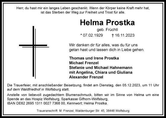 Traueranzeige von Helma Prostka von Wolfsburger Nachrichten